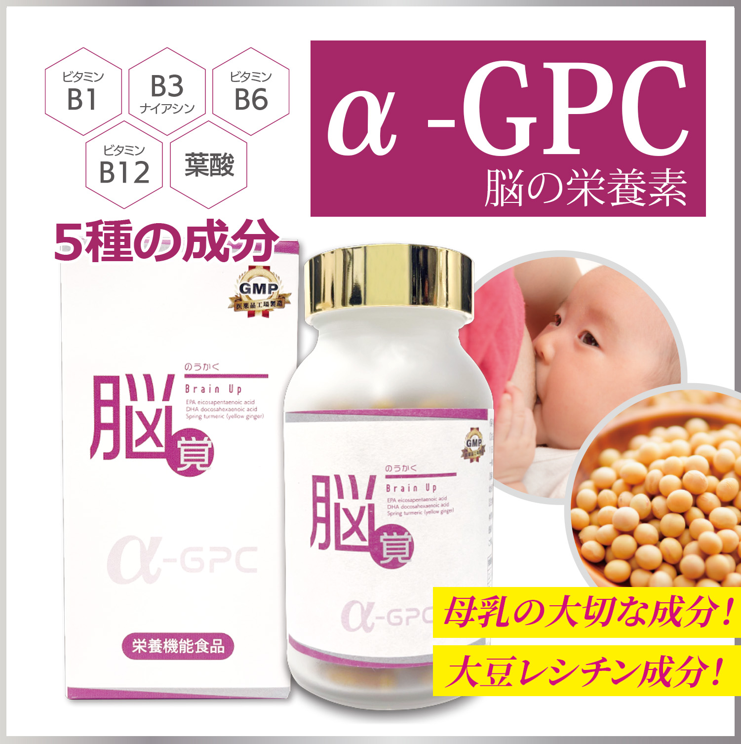 脳覚 Brain Up α-GPCサプリメントで記憶力・集中力をサポート